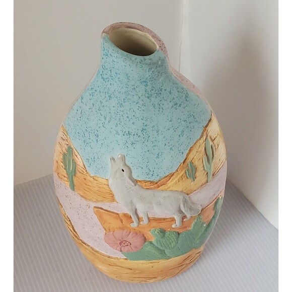 Southwestern Original 3d Studio Art Pottery Wolf Vase Floral Cactus Desert Decor - Picture 3 of 14